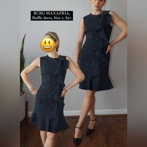 BCBGMaxAzria Dede Ruffle Cloque Jacquard Dress Cocktail Sleeveless Navy Size 2